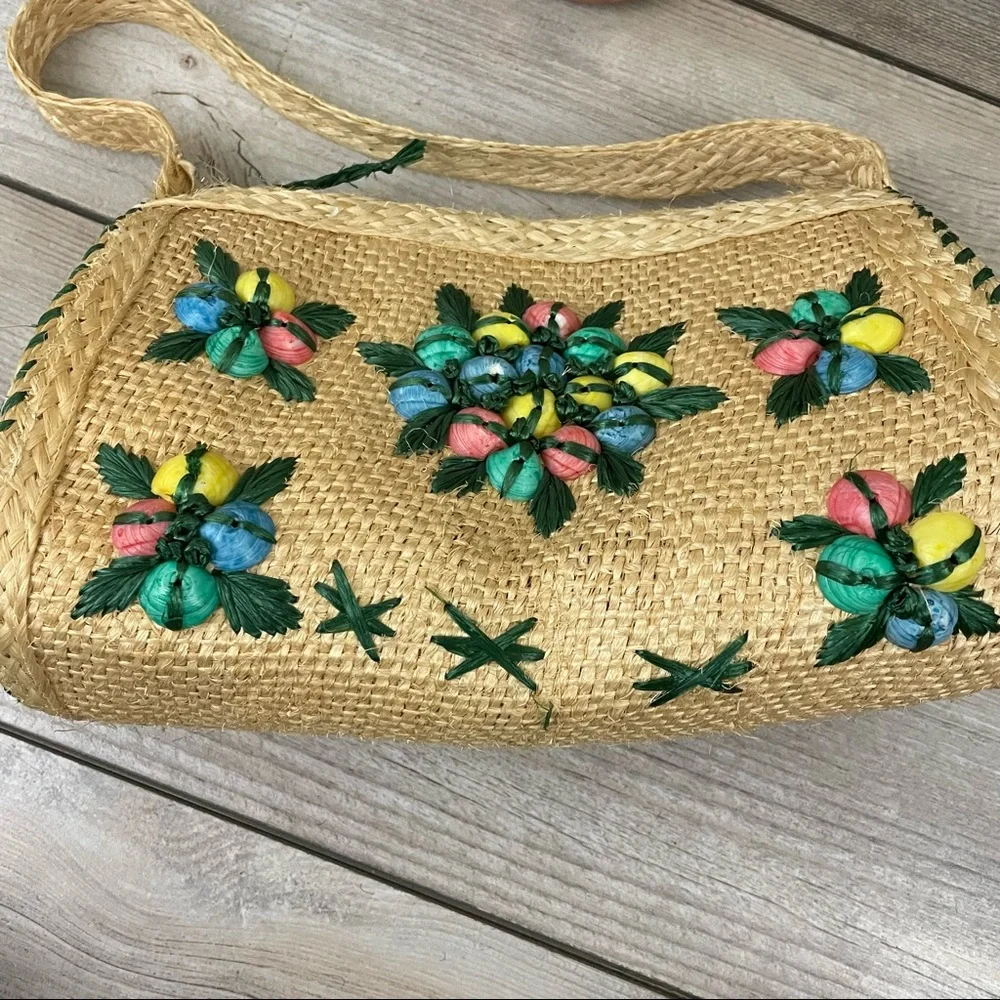 Vintage Multicolor Woven Straw Shoulder Bag - Picture 3 of 11